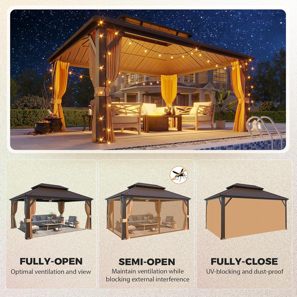 12' x 16' Gazebo Hardtop with Aluminum Frame,Galvanized Steel Double Roof Gazebos with Curtain and