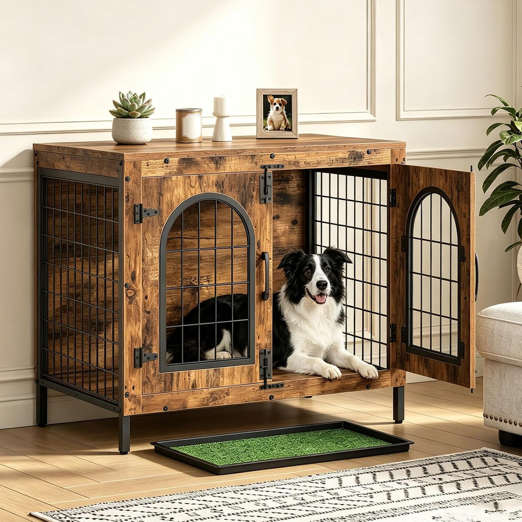 Dog Crate Furniture, 31.5" Dog Kennel with Dog Grass Pad and Tray