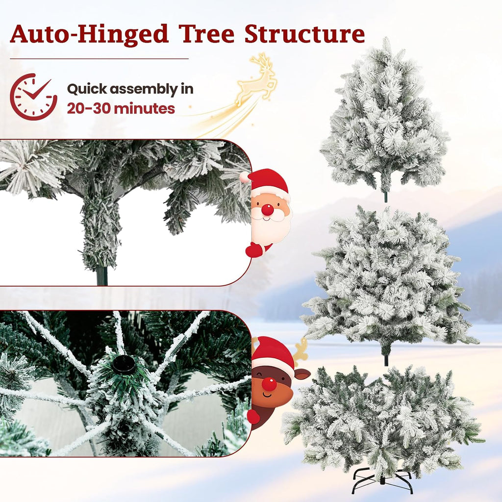 7ft Snow-Flocked Artificial Christmas Tree, LED pre-lit Holiday Xmas Tree Party Decoration with 1100 PE&PVC Hinged