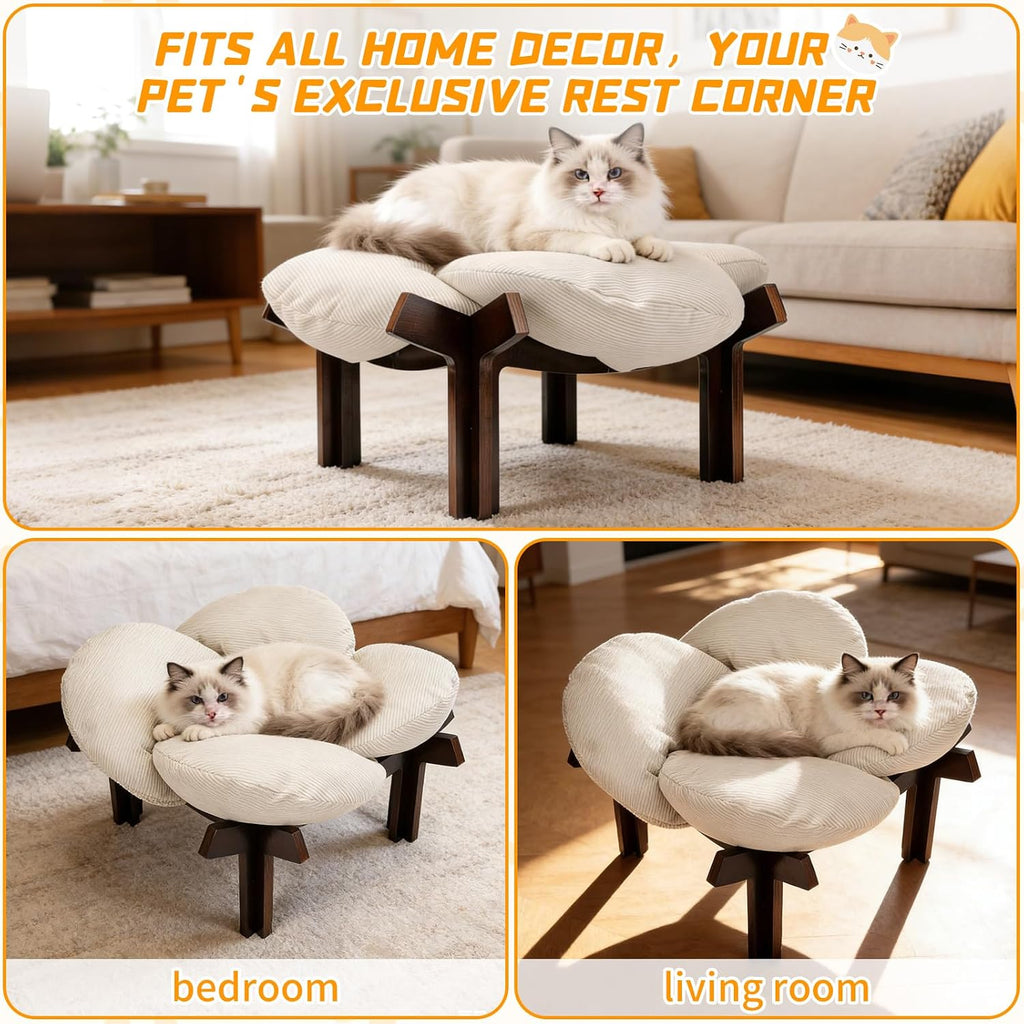 Elevated Wooden Cat Bed with Fluffy Cushion Raised Lounge Sofa
