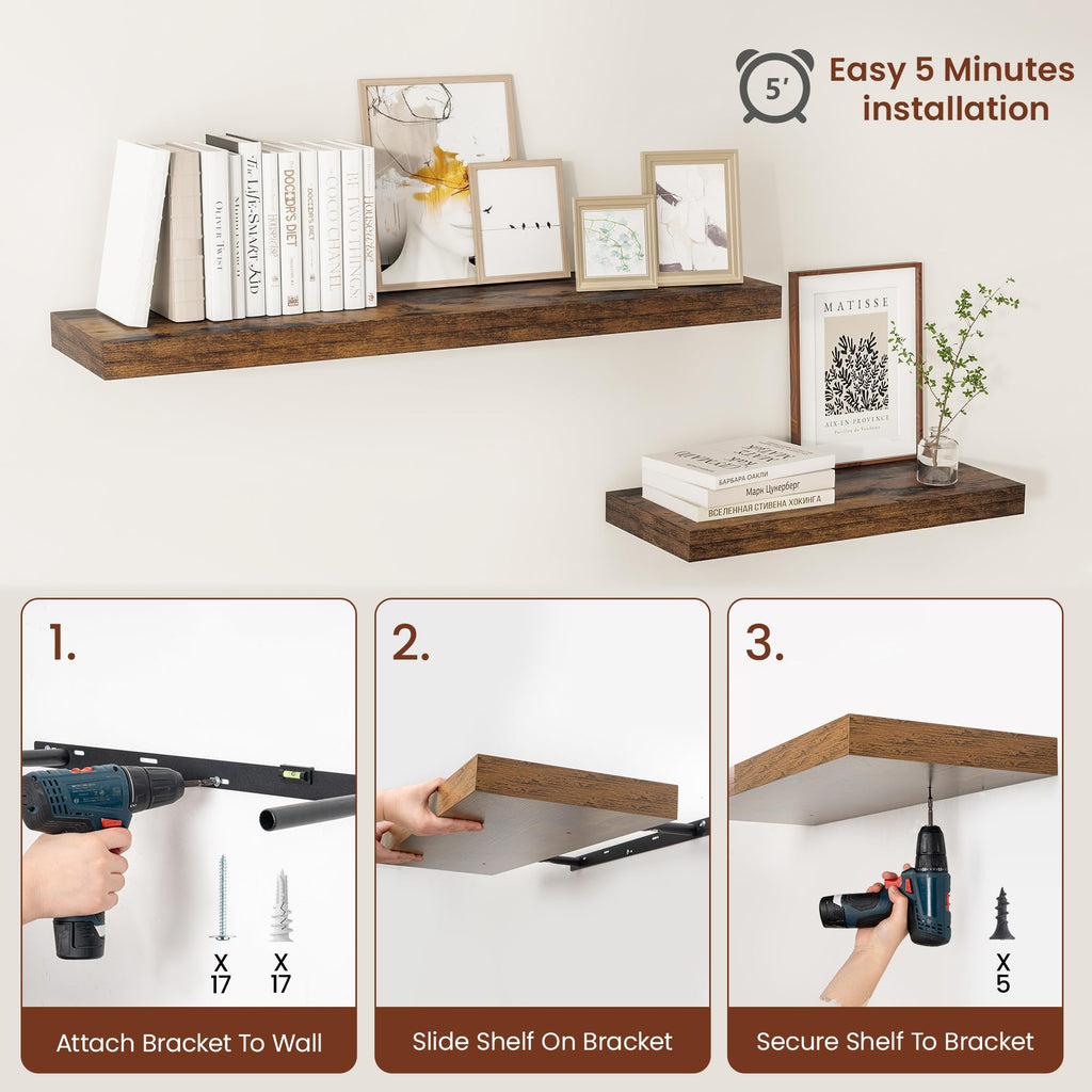 Deep Floating Shelves for Wall 16x12" Set of 2, Rustic Brown