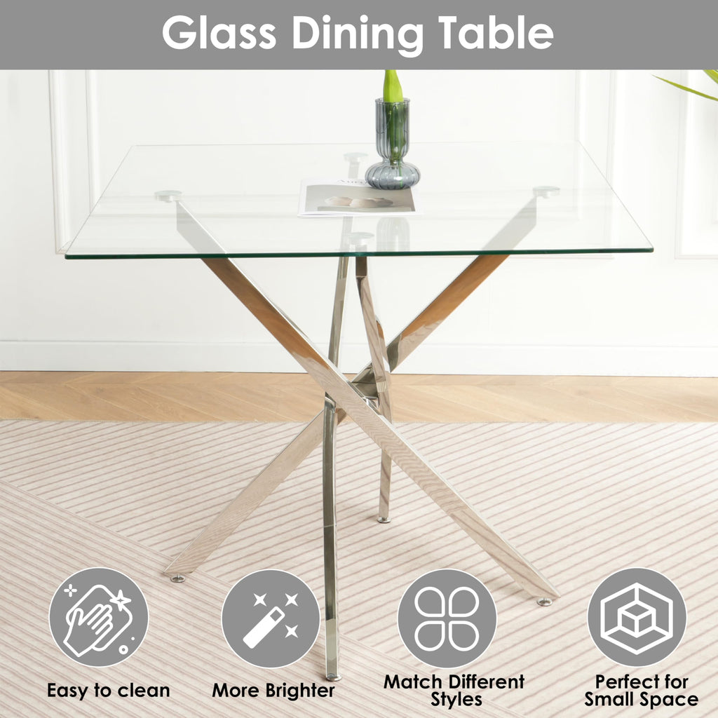 5 Piece Clear Glass Top Dining Set, 36'' Modern Square Glass Dinner Set, 4 Person Minimalist Luxury Kitchen Set
