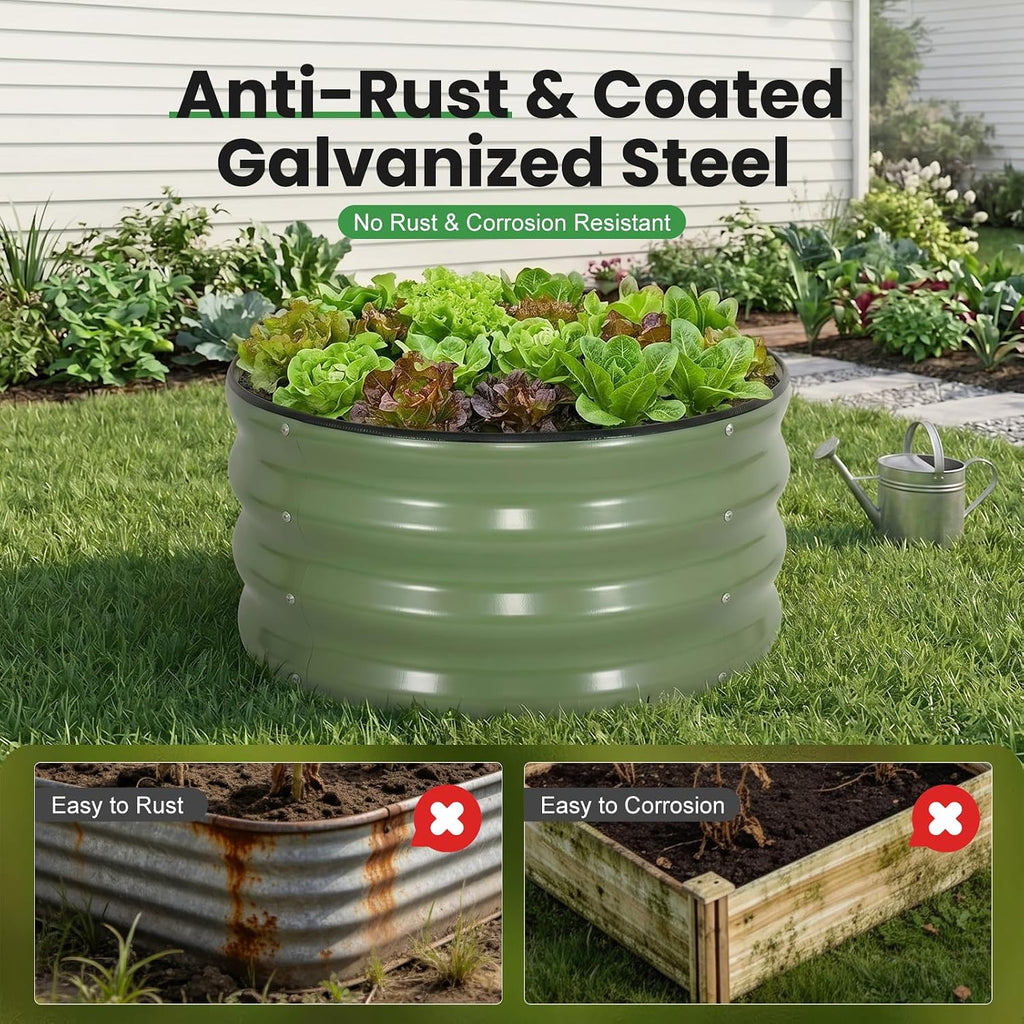 4 Pcs Round Raised Garden Bed Outdoor, 2x2x1ft, OliveGreen | Circle Garden Bed, Galvanized Raised Planter Box for