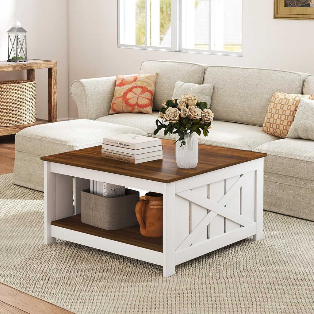 Farmhouse Coffee Table, 31 Inch Square Wood Coffee Table with Storage Shelf