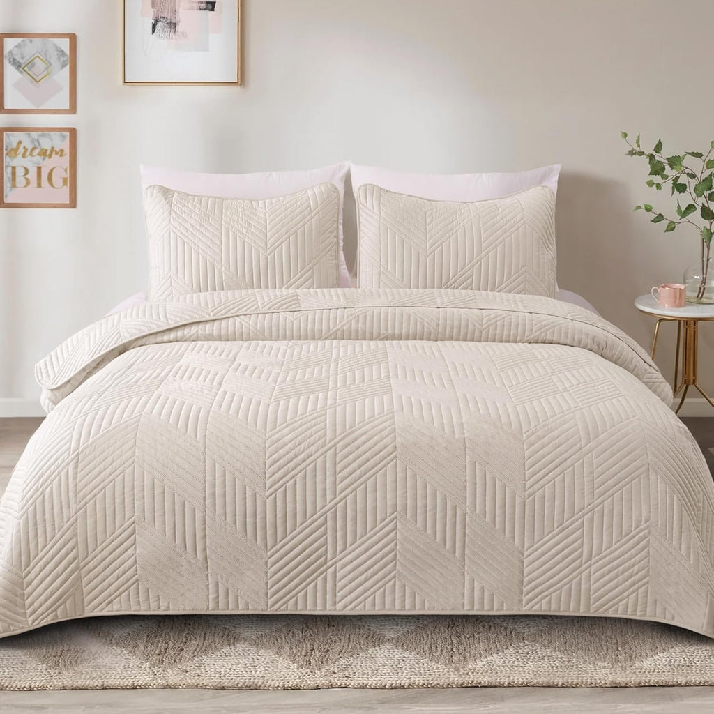 Ultrasonic Full Queen Quilt Bedding Set, Lightweight Brich Beige Bedspreads Soft Modern Geometric Coverlet Set for All Seasons (1 Quilt and 2 Pillow Shams)