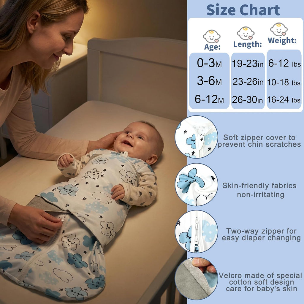 Sleep Sack Baby Swaddle, Way Adjustable Wearable Blanket,100% Rayon Cotton Swaddling sleeping bag (Clouds &