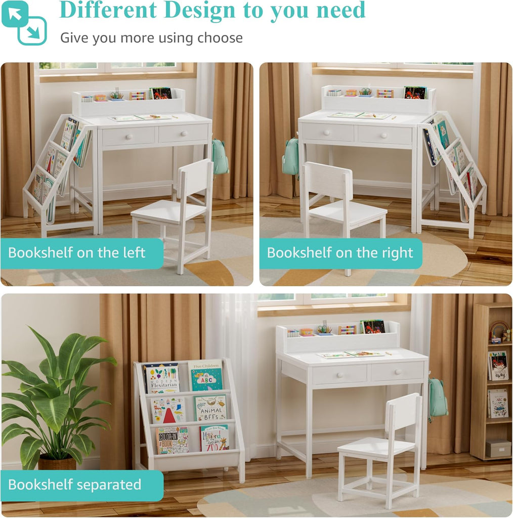 White Kids Desk and Chair Set for 5-8 Year Old Girls Boys, Small Child Desk with Bookshelf, Children Study Table