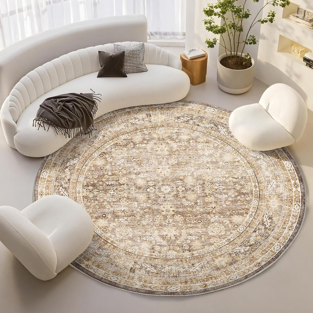Vintage Beige Round Rug 6ft, 6 ft Retro Washable Circle Rug Non Slip, Low-Pile Faux Wool Circular Ca