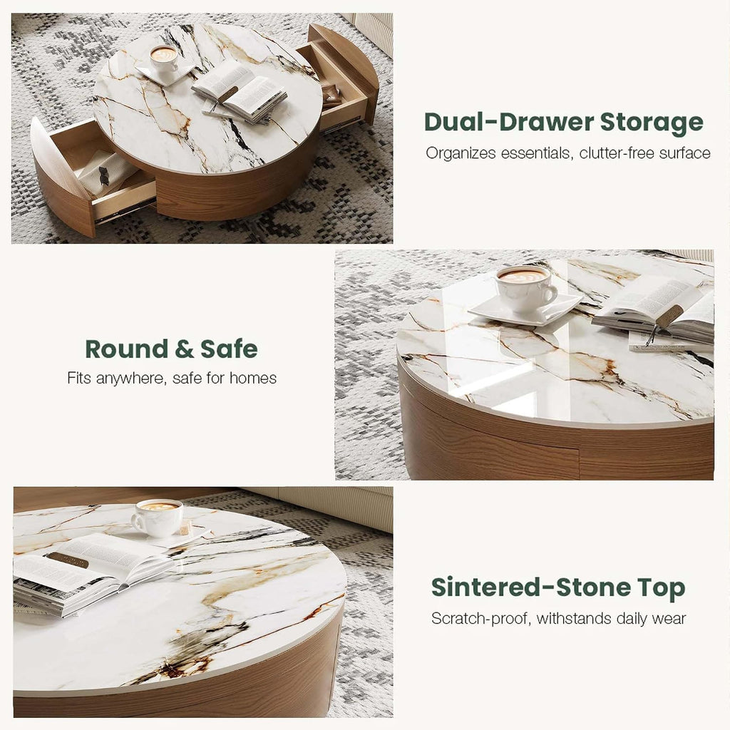 35.43" Modern Round Coffee Table with Storage,Sintered Stone Top Drum Coffee Table with Drawers,Oak Veneer,Circle Coff