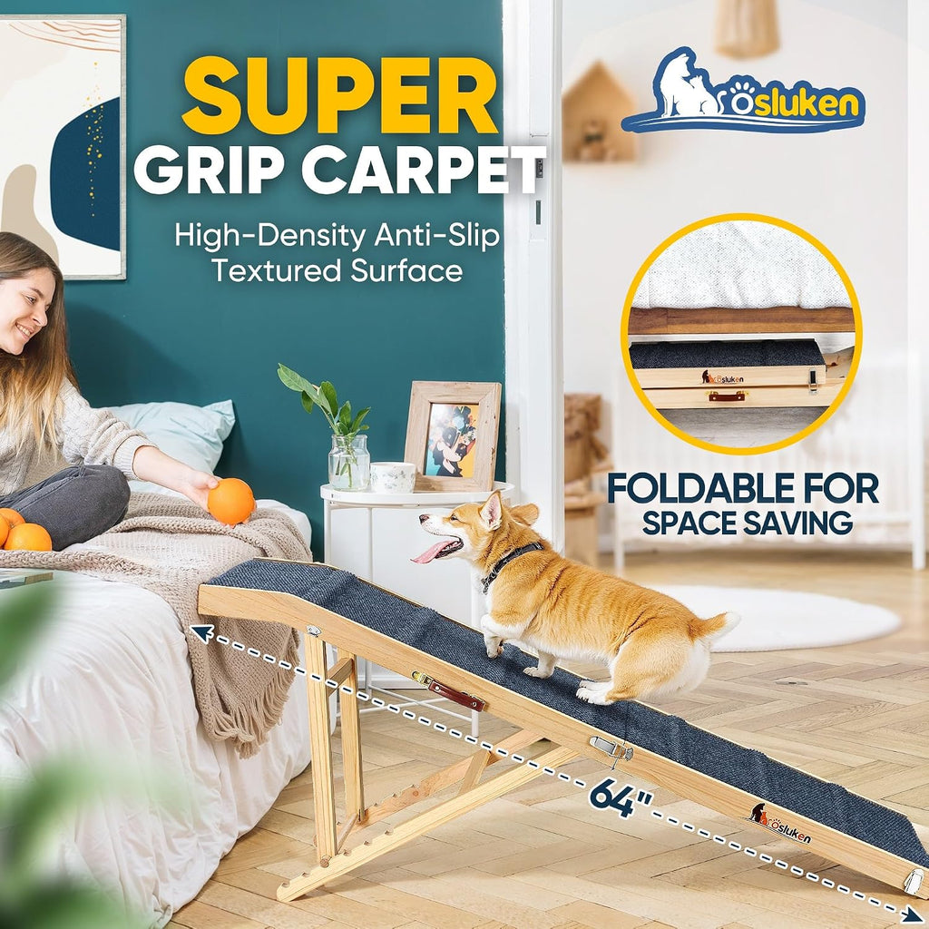 2026 Upgraded Dog Ramp for Bed, 64" Long Foldable Pet Ramp for Small Large Dogs, Dog Ramps for High Beds, High