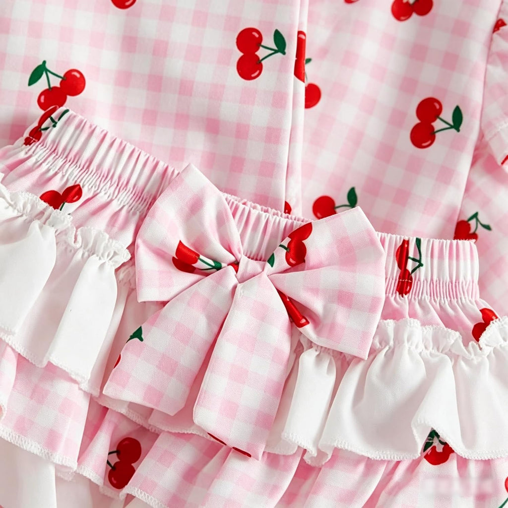 Toddler Baby Girl 2Pcs Summer Clothes Cherry plaid Sleeveless Top & Ruffle Bloomer Skirt Set