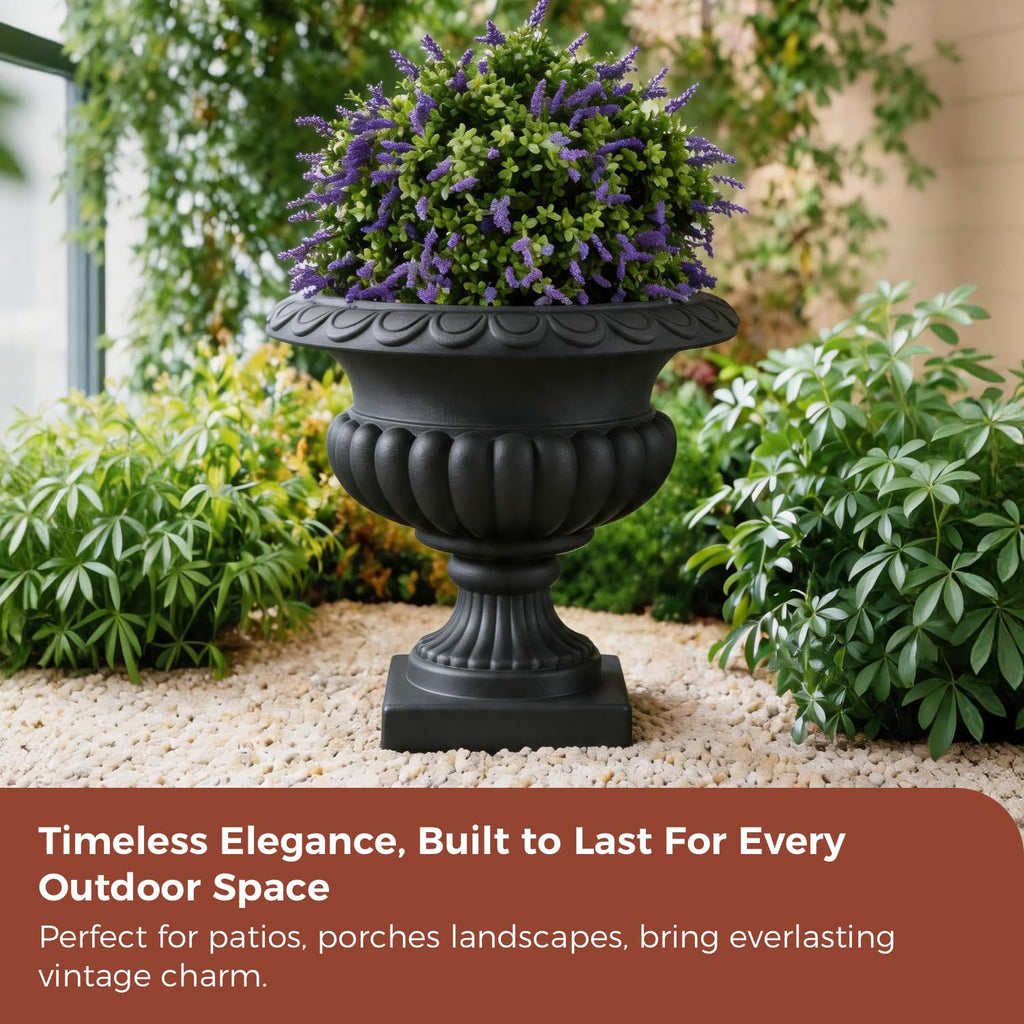 20" H Large Matte Black Roman Urn Planter, Lightweight Plastic Flower Pot