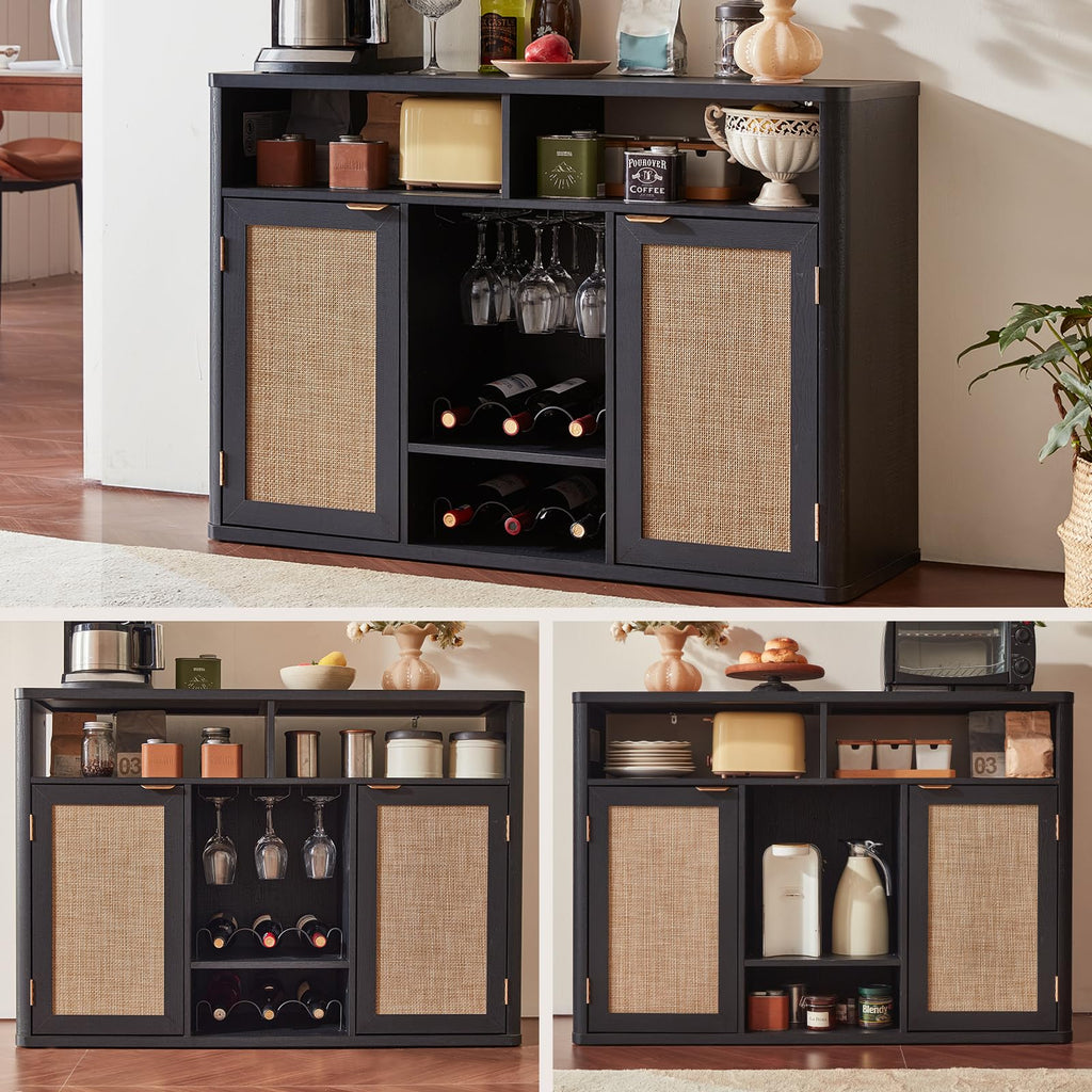 Rattan Wine Bar Cabinet with Storage, Black