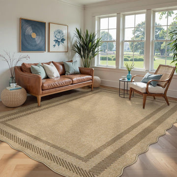 Scalloped Washable 8x10 Rug, Easy Jute Tan Rug , Indoor Outdoor Patio Non Slip Rugs , Geometric Farmhouse Dining Room