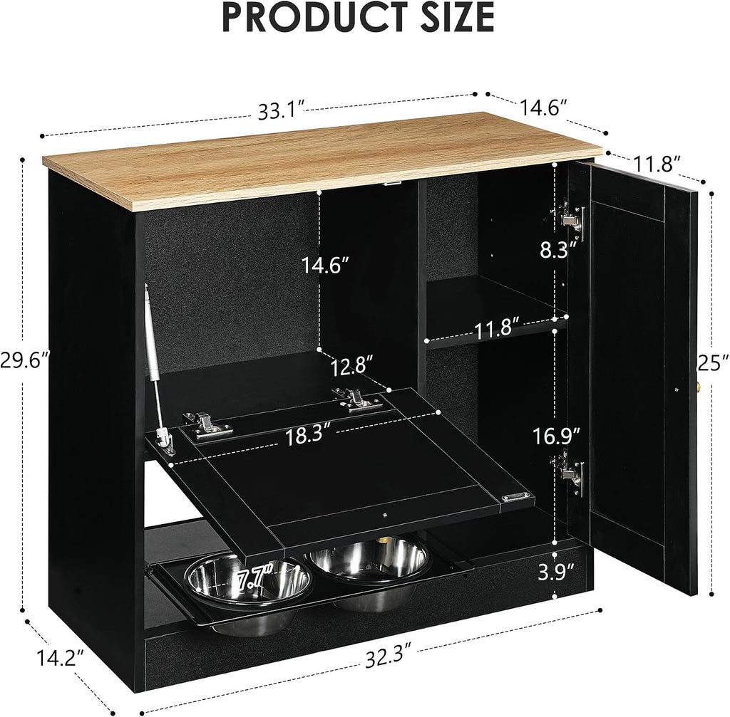 Dog Feeding Station with Rattan Storage Cabinet, Pet Feeder Cabinet with 2 Elevated Dog Bowls & Side Hooks, Pet Food