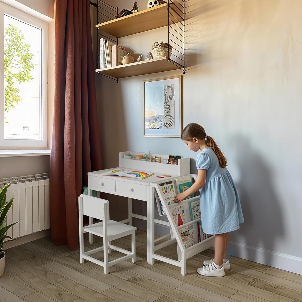 White Kids Desk and Chair Set for 5-8 Year Old Girls Boys, Small Child Desk with Bookshelf, Children Study Table