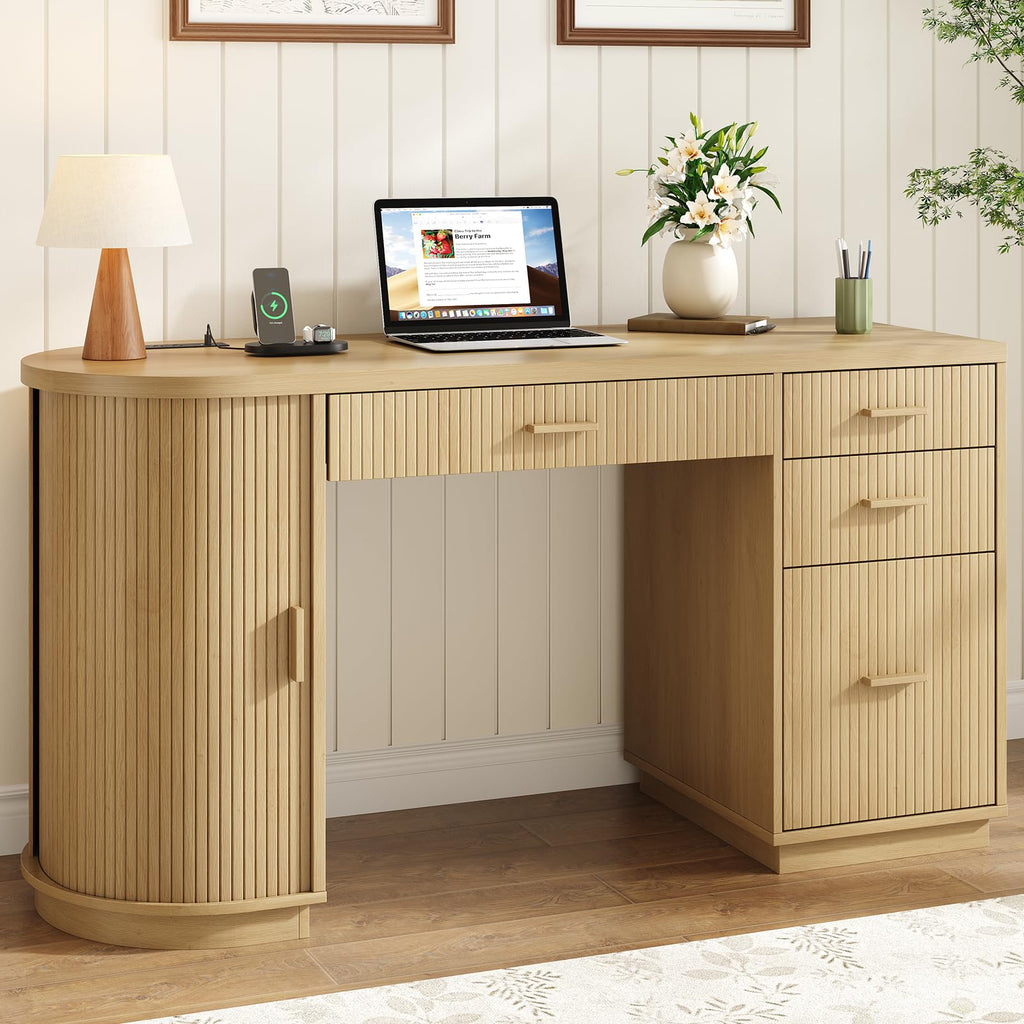 58 Inch Fluted Executive Desk, Computer Desk with Storage Drawers & File Drawer, Modern Home Office Desk with