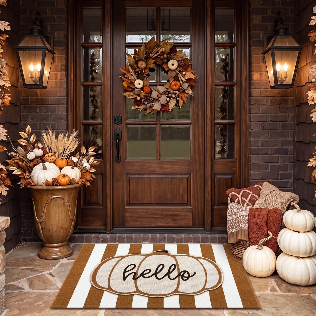 24" X 36" Pumpkin Layered Doormat Set for Front Door | Pumpkin Pattern, Brown and White Striped Layering Rug, Linen