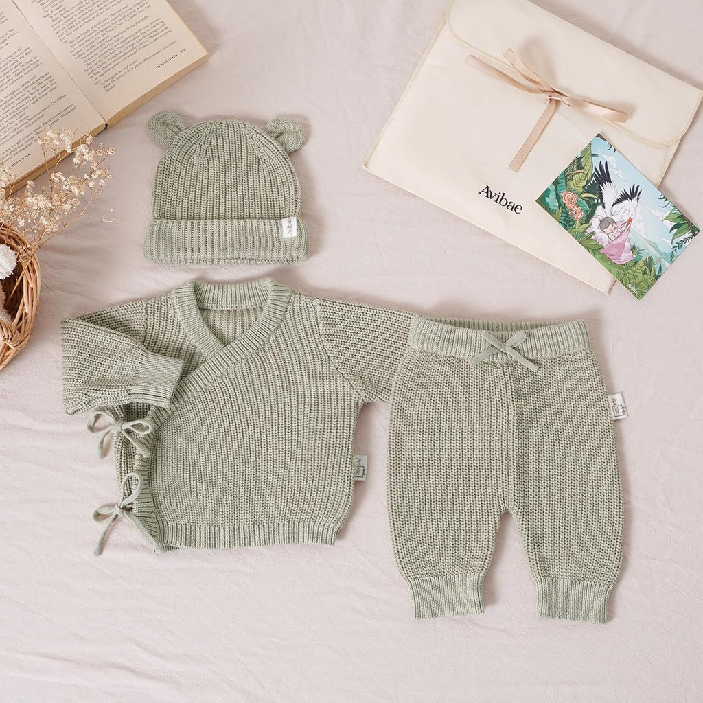 Baby Cotton Knit Set with Hat, Sweater and Pants, Coming Home Outfit