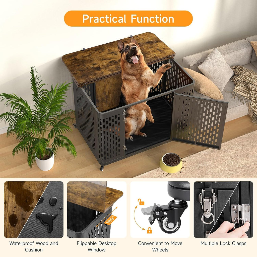 Heavy Duty Dog Crate Furniture for Large Dogs with Flip Top