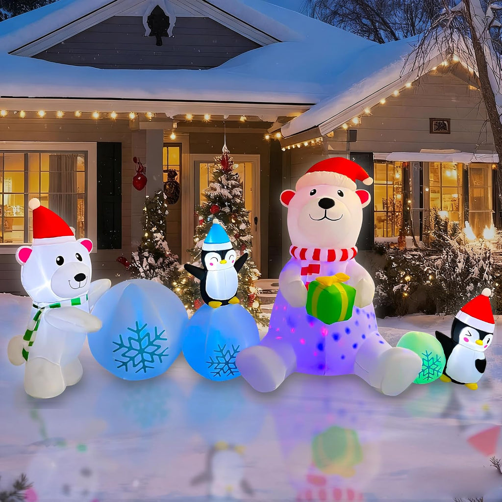10 FT Long Christmas Inflatable Polar Bear Snowball Decoration, Colorful Rotating Lights Blow Up Xmas Polar Bear with