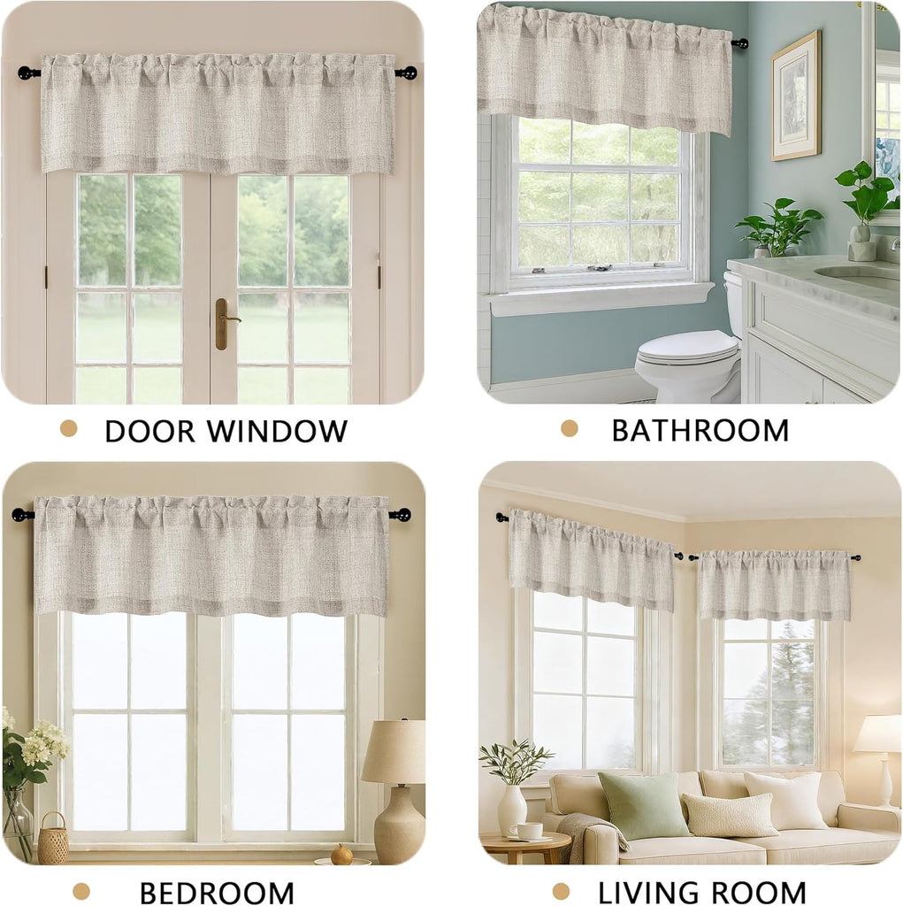 Valance for Windows, Light Filtering Faux Linen Textured Small Short Valance Kitchen Curtain, Dual Rod Pocket Top