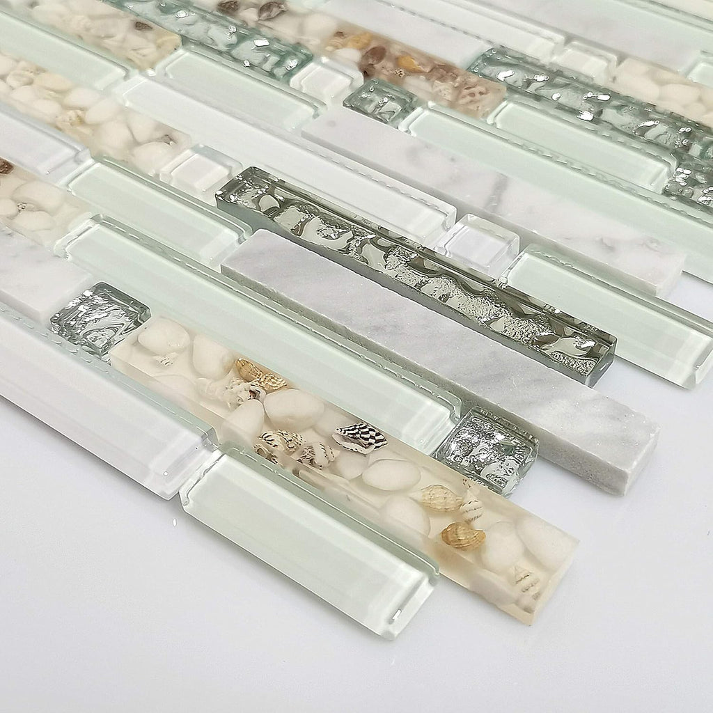 Beach Style Wall Tile Mosaic Kitchen Backsplash Green Bathroom Silver Glass Conch Stone White Marble Iridescent