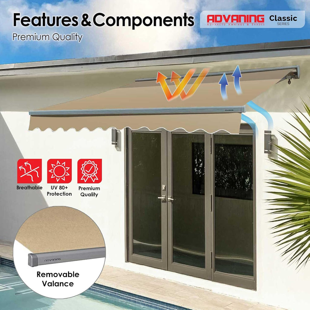 Classic Series 12'X10' Electric Retractable Awning, 100% Acrylic UV+ Sun Shade Canopy, Light Taupe (Solid)