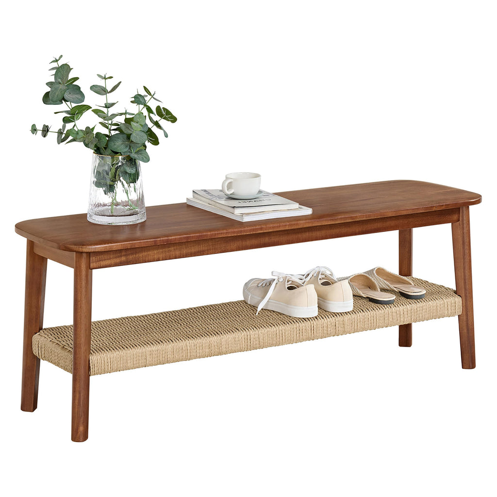 Calais Solid Wood Entryway Bench with Woven Storage Shelf, Chestnut, 48"