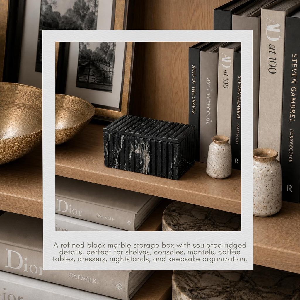 Decorative Marble Ridged Box Decor - Modern Storage Box with Lid for Jewelry, Keepsake, and Shelf Accent - Home