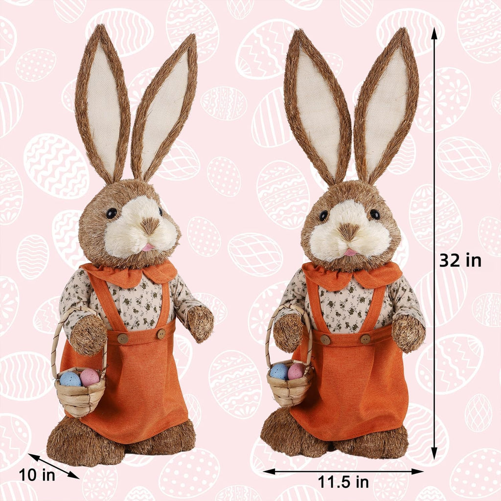 Easter Bunny Decor, 32"(2.6FT) Large Standing Sisal Rabbit Figurine, Handmade Easter Straw Mrs. Bunny Statues, Cute