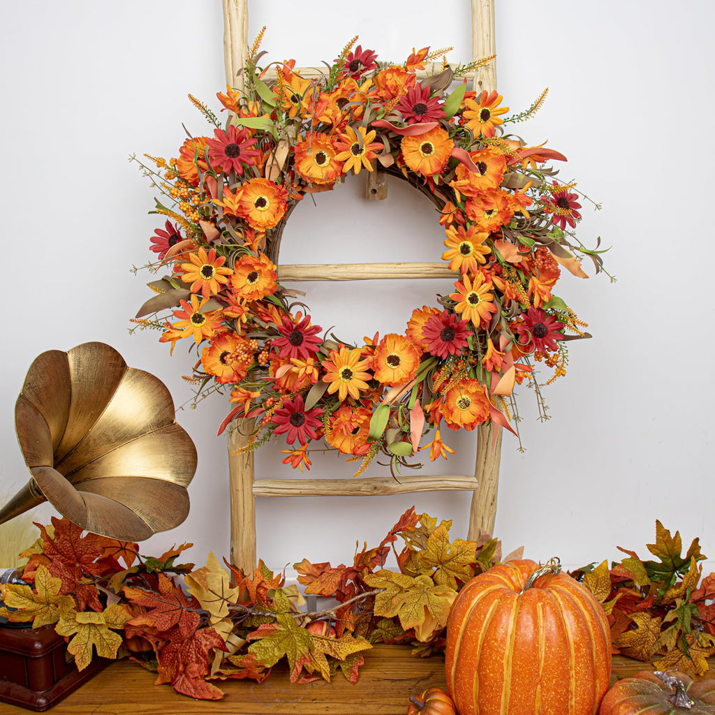 Artificial Fall Wreath 22 Inch Autumn Wreaths for Front Door Orange Daisy Wreath with Wildflowers Berries for Indoor