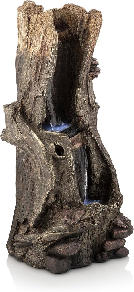 Outdoor Rainforest Waterfall Tree Trunk Floor Fountain with LED Lights, Tiered Garden Decor, 41" H, Brown