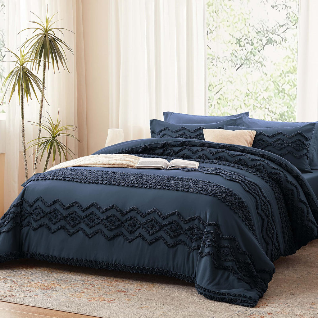 Navy Blue Tufted Comforter Set, 3 Pieces Queen Boho Bedding Set