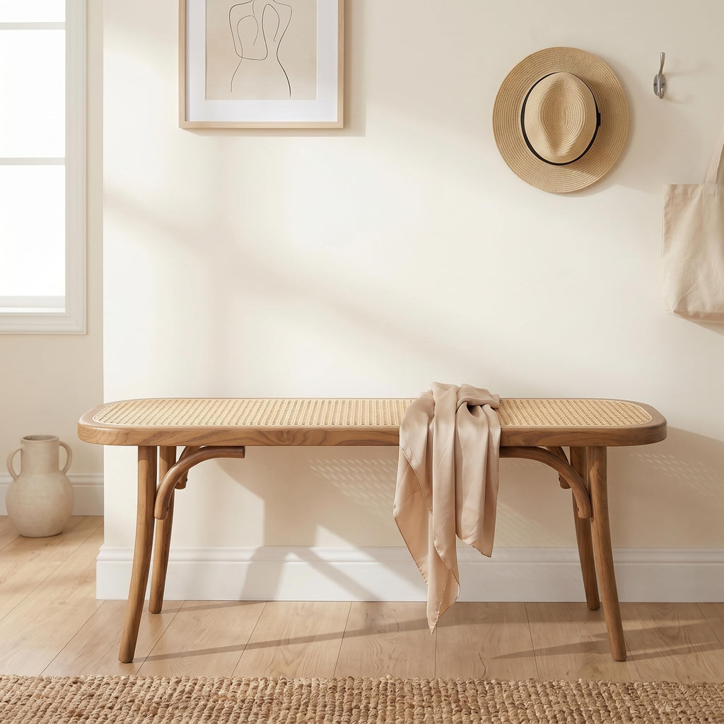 Farmhouse Wood Bench Seat Small Rattan Cane Bench Wicker Bench for End of Bed Living Room Entryway Foyer Indoor, Hand