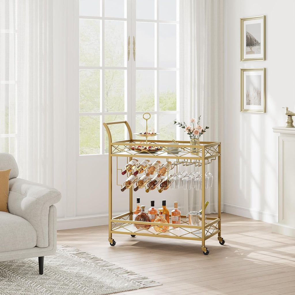 Gold Bar Cart, 2 Tier Bar Carts for The Home, Bar Carts with 4 Wheels, White Marble Finish Wood Shelf, Wine Rack &