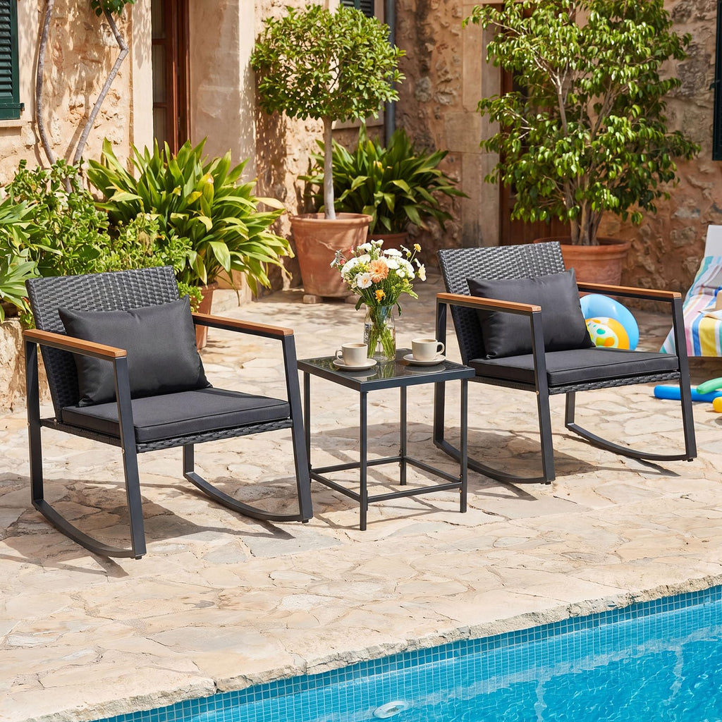 3-Piece Outdoor Rocking Chair Set, Black Cushion & Natural Armrest