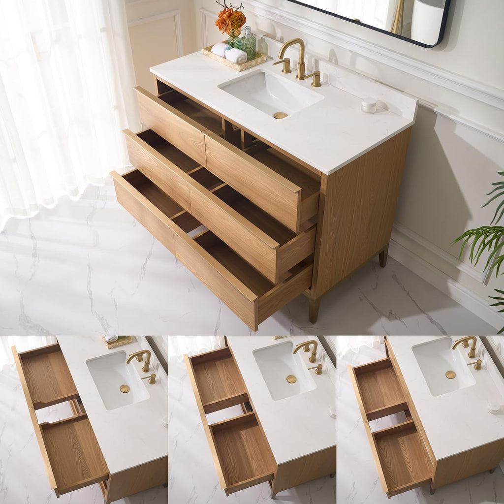 48" Bathroom Vanity with Sink, Freestanding Wooden Bathroom Makeup Cabinet W/ 6 Soft-Close Drawers and