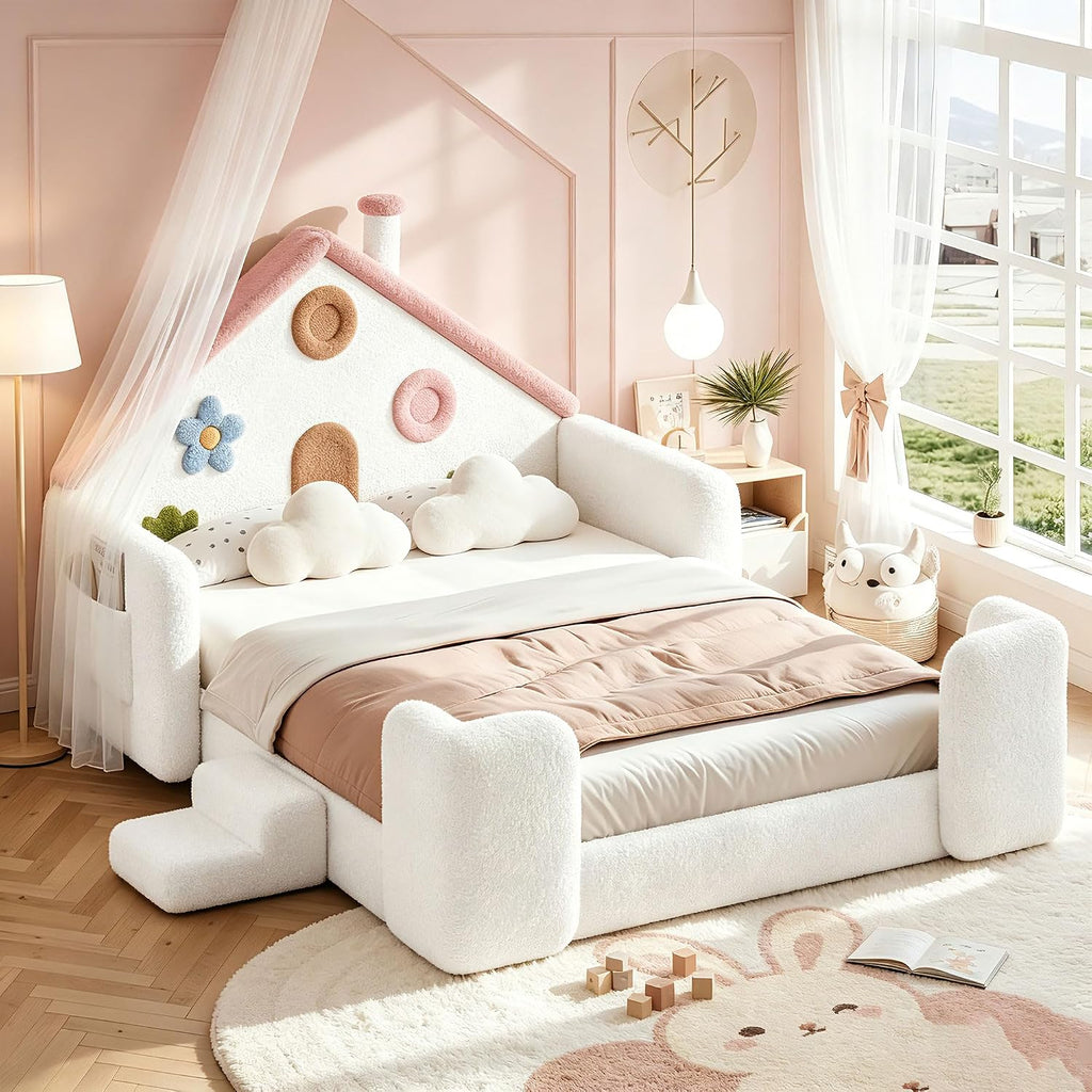 Upholstered Floor Bed Frame with Side Pocket & Stairs, White Pink