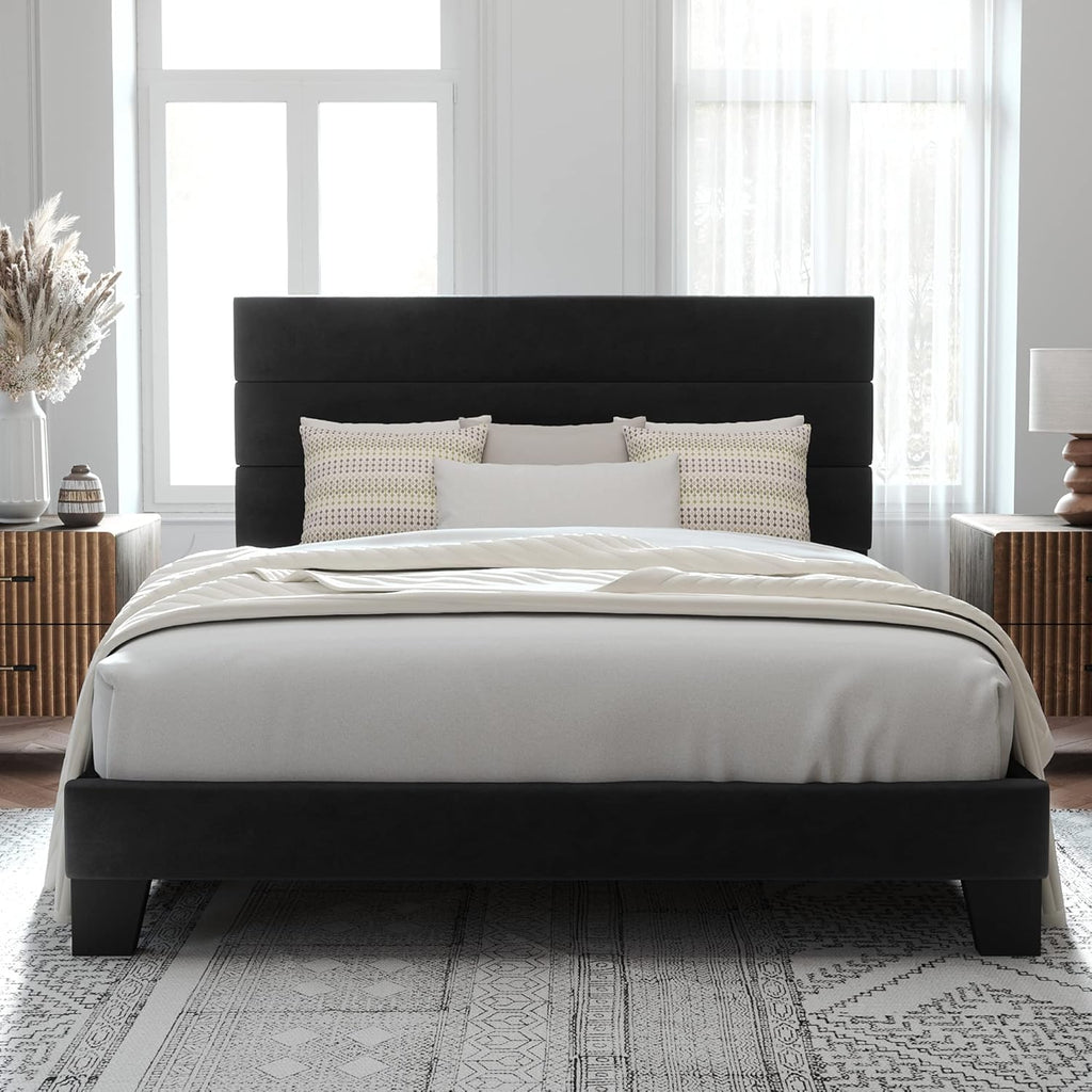 Queen Platform Bed Frame with Velvet Upholstered Headboard and Wooden Slats Support