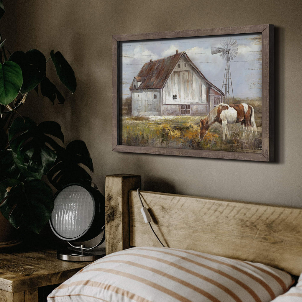 Horse Wall Art, Rustic Barn and Windmill Picture for Farmhouse, 11x16