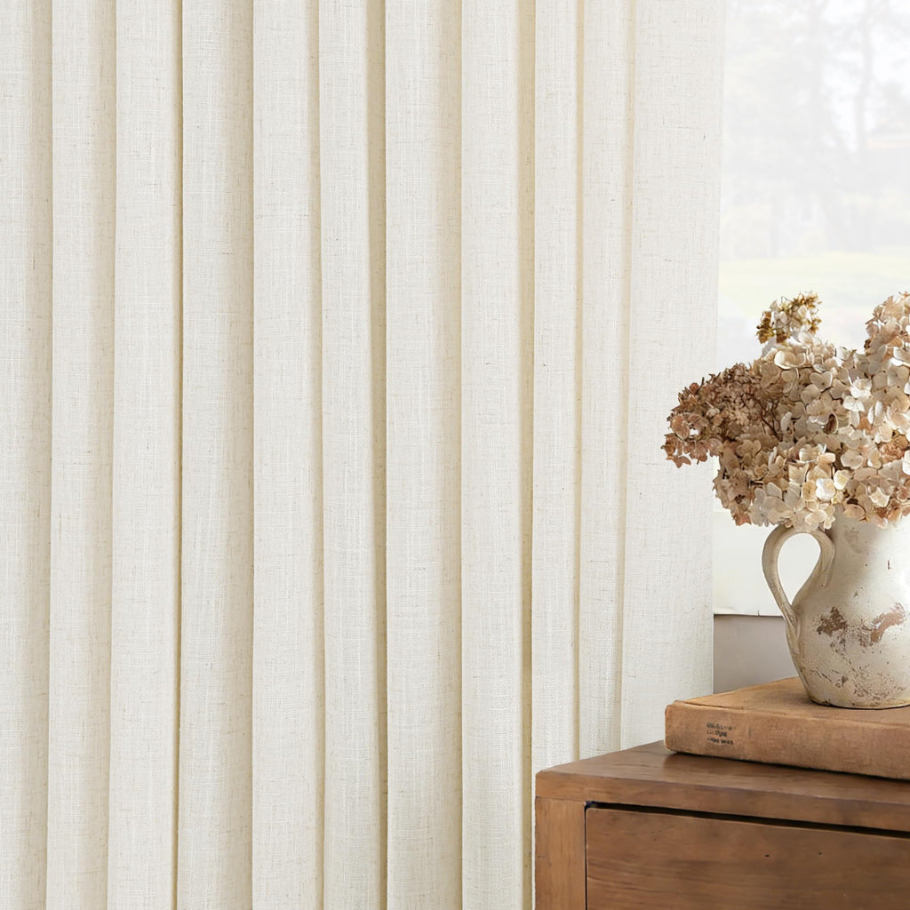 Birch Pinch Pleated 92 inch Long Linen Curtains 2 Panels Set Track System Curtains Neutral Modern Elegant Light