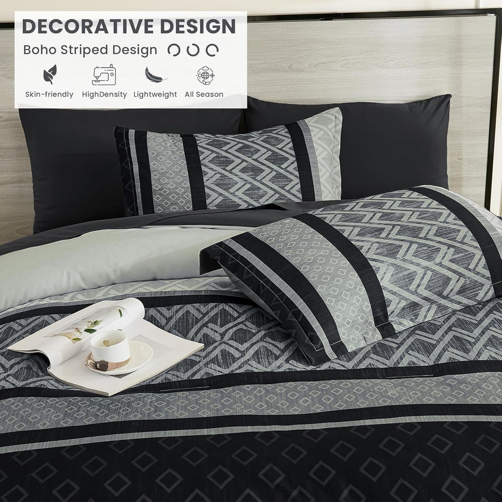 Cottolester Boho Comforter Set King,Black Gray Striped Bed in a Bag,Fall Plaid Comforter and Sheet Set,Soft Microfiber