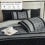 Cottolester Boho Comforter Set King,Black Gray Striped Bed in a Bag,Fall Plaid Comforter and Sheet Set,Soft Microfiber