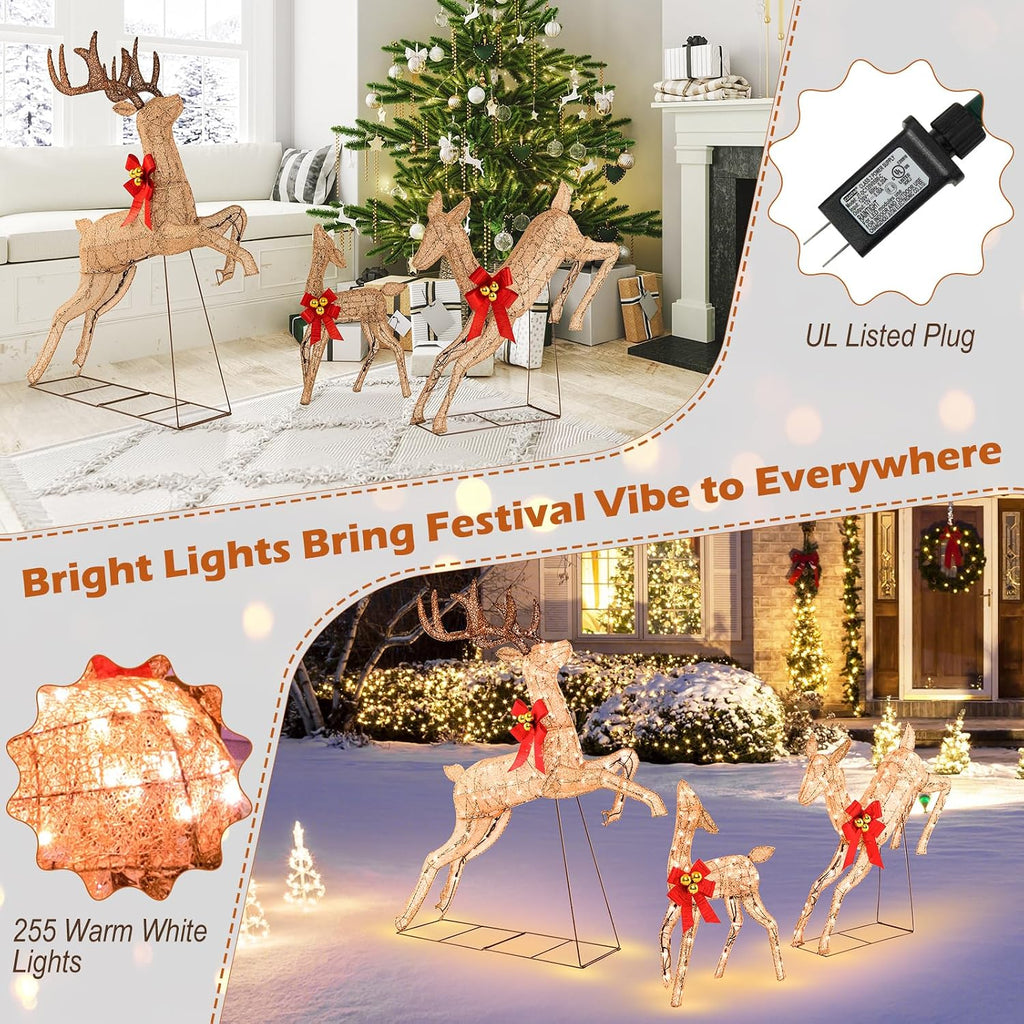 3 Pieces Lighted Christmas Reindeer, Holiday Reindeer Family Set