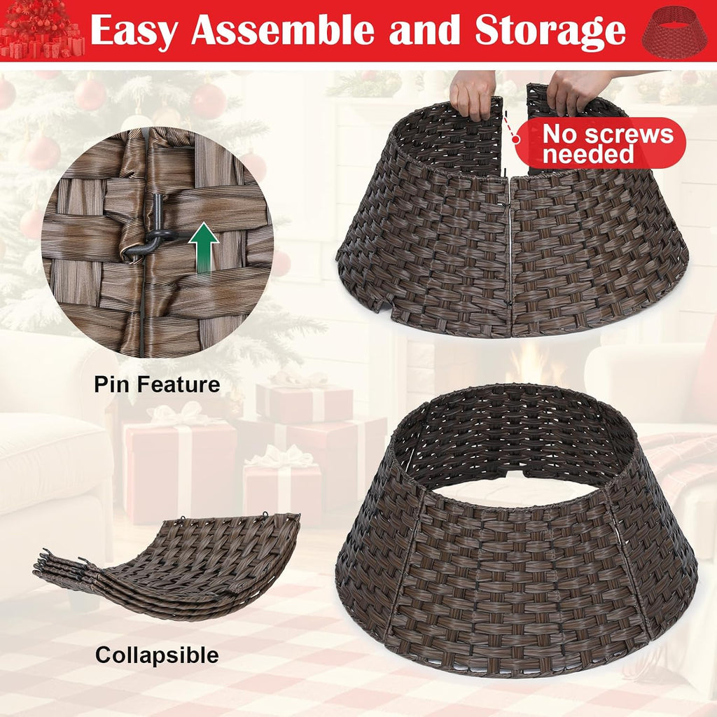 24inch Christmas Tree Collar, Woven Rattan Xmas Tree Collar for Slim Tree with Braided Design & Cord Cut-Out, Tree