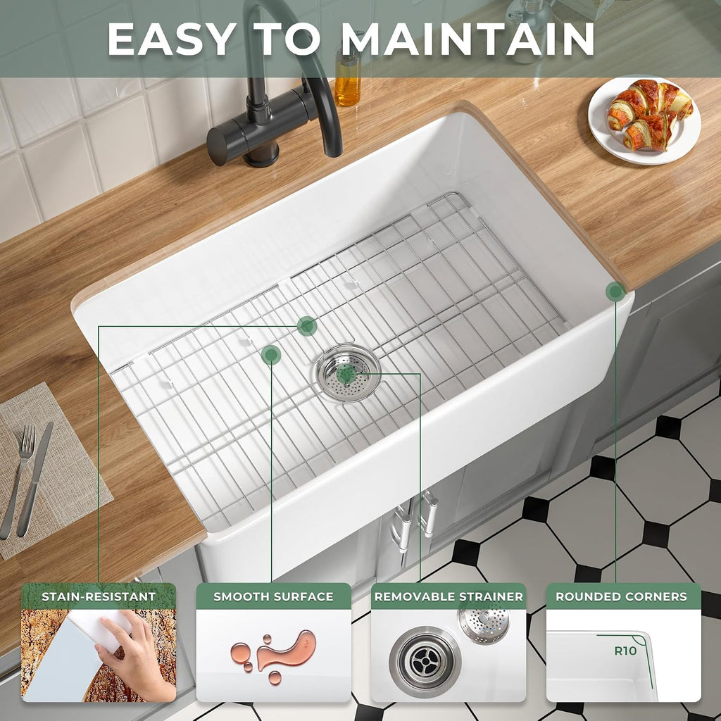 Fireclay Farmhouse Sink 30 x 18 Inch White Apron Front Kitchen Sink | Farm Sink for Laundry,Kitchen, Heavy Duty