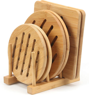 Bamboo Trivet Kitchen Natural Mat Set Heat Resistant Pads Bamboo Hot Pads Trivet Non-Slip Pads Square and Round - Set of 6