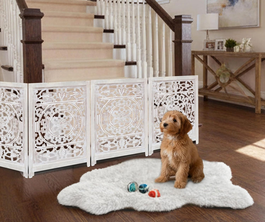 Wooden Foldable Pet Dog Gate - Hand Carved 4-Panel 80 W x 24 H