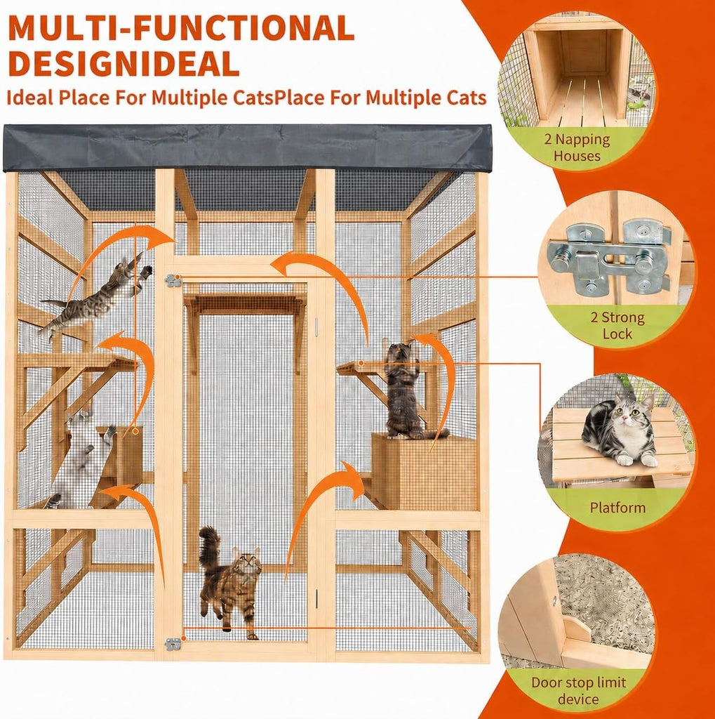 70" Outdoor Catio Cat Enclosure, Large Cat House, Wooden 5-Platform